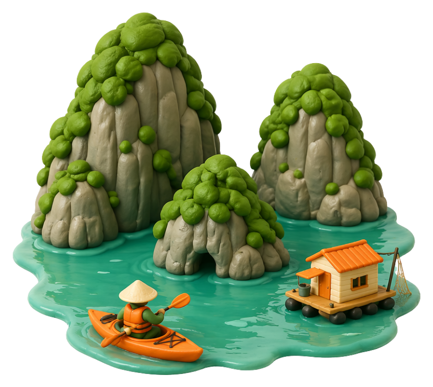 Kayaker and floating fishing house among limestone karsts