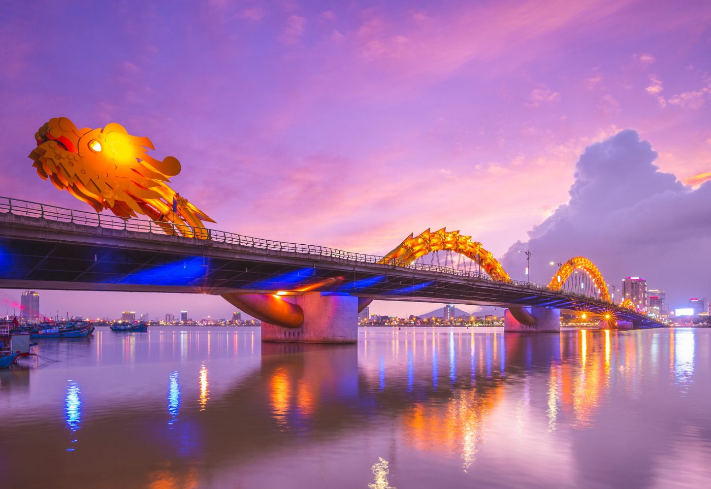 Dragon Bridge over the river at dusk, Da Nang