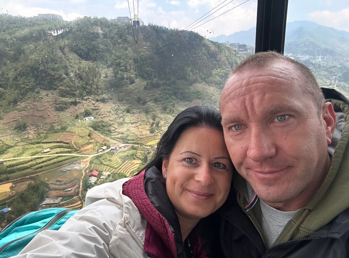 Csilla and Fabian in the Sa Pa cable car above the rice terraces