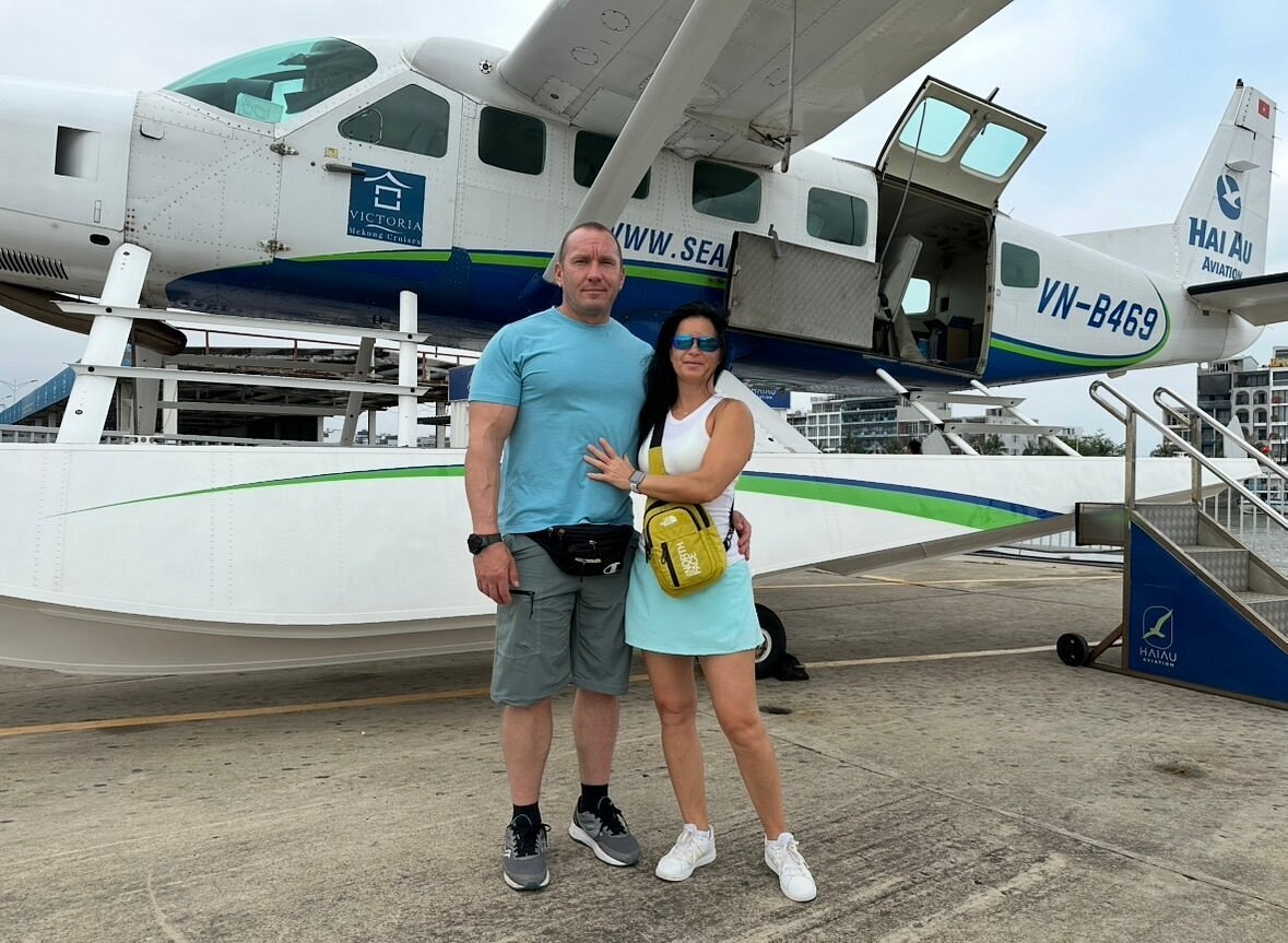 Csilla and Fabian by the seaplane before their Ha Long flight Csilla and Fabian by the seaplane before their Ha Long flight