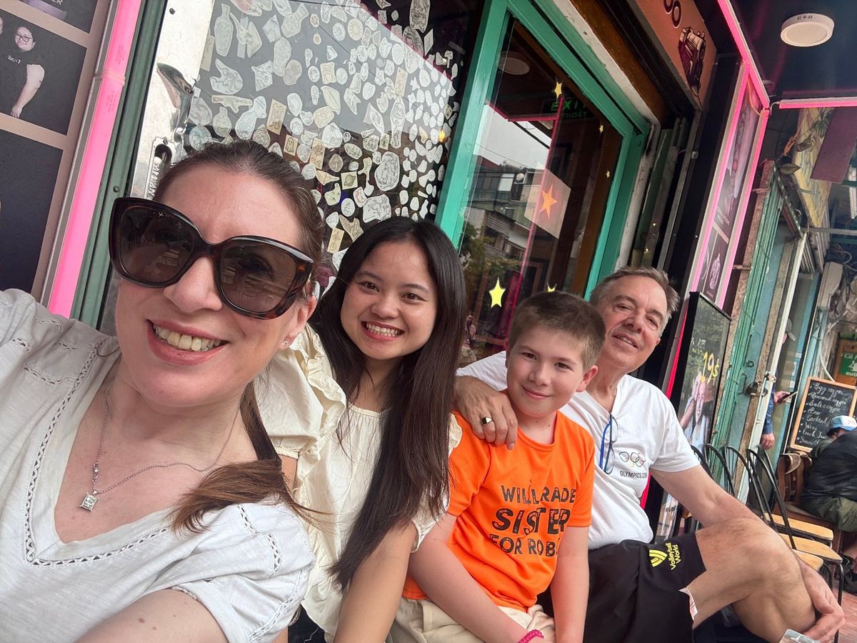 Karen and her family at a cafe in Hanoi's Old Quarter