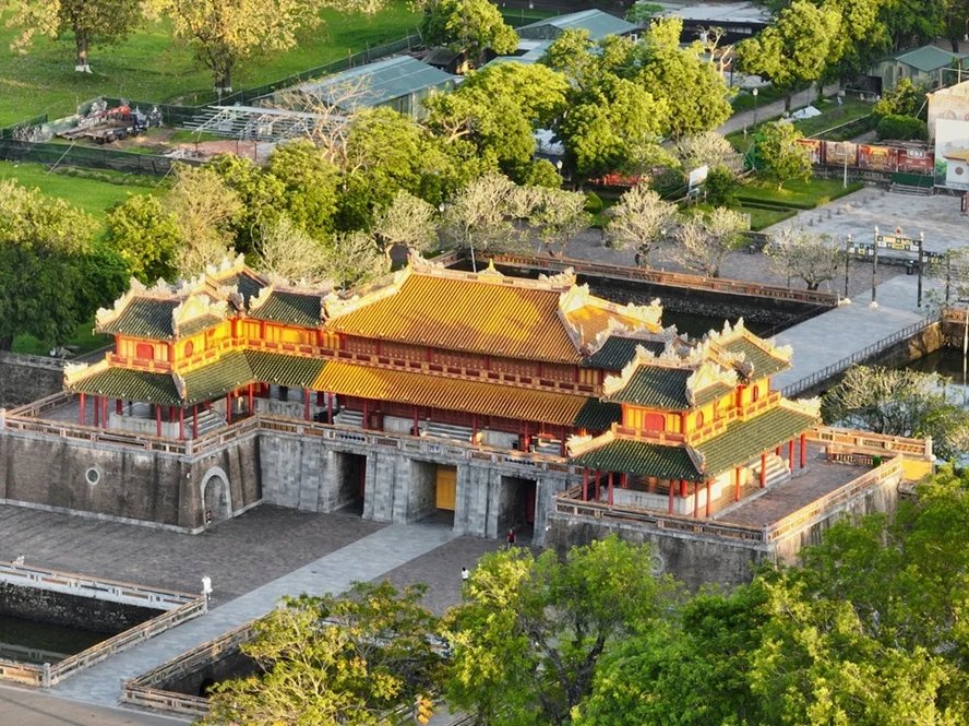 Aerial view of Hue Imperial City with golden Citadel roofs